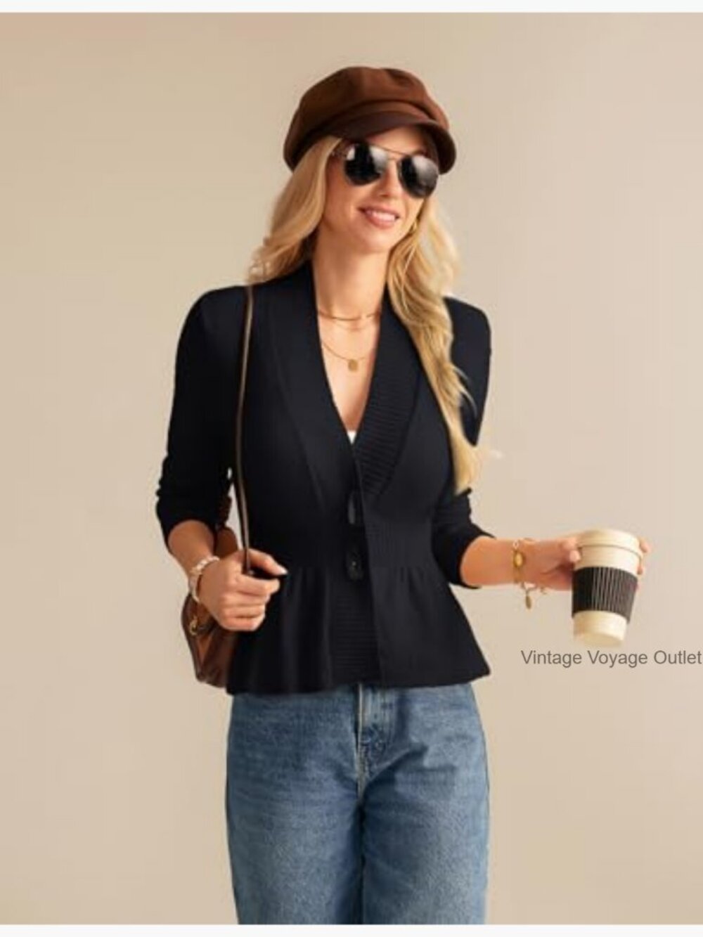 Cropped Peplum Cardigan Sweater, Long Sleeve Button Front, Lightweight Knit - Picture 3 of 7